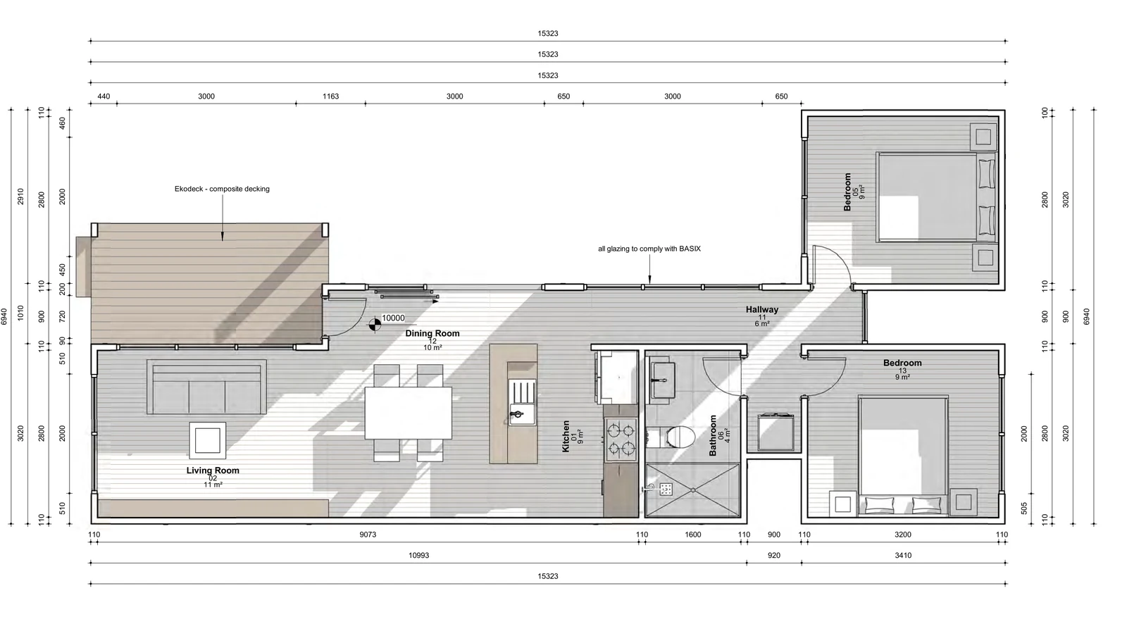 The Blanche floor plan — 2 bed · 1 bath · 58 m²