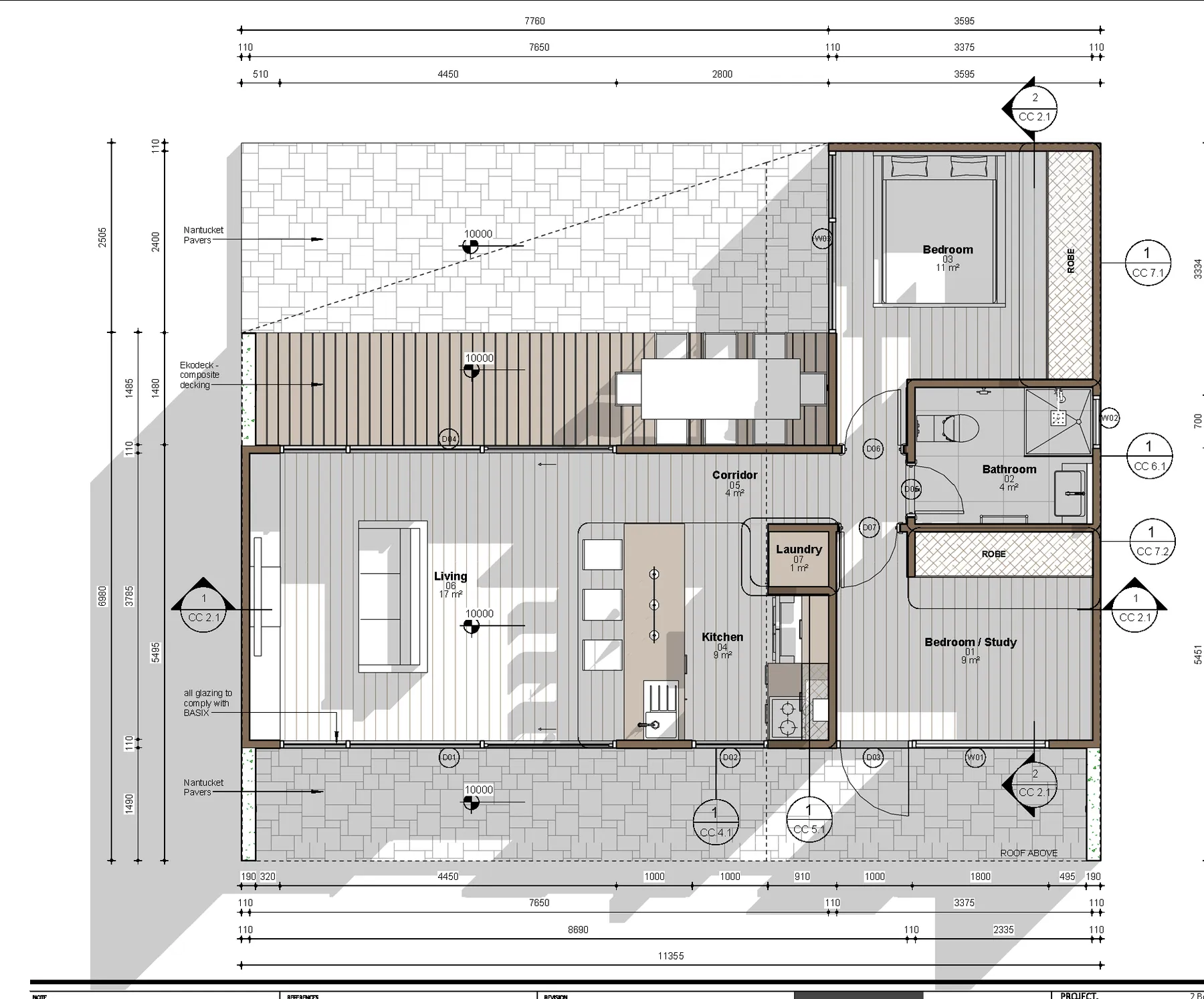 The Doris floor plan — 2 bed + study · 1 bath · 54 m²