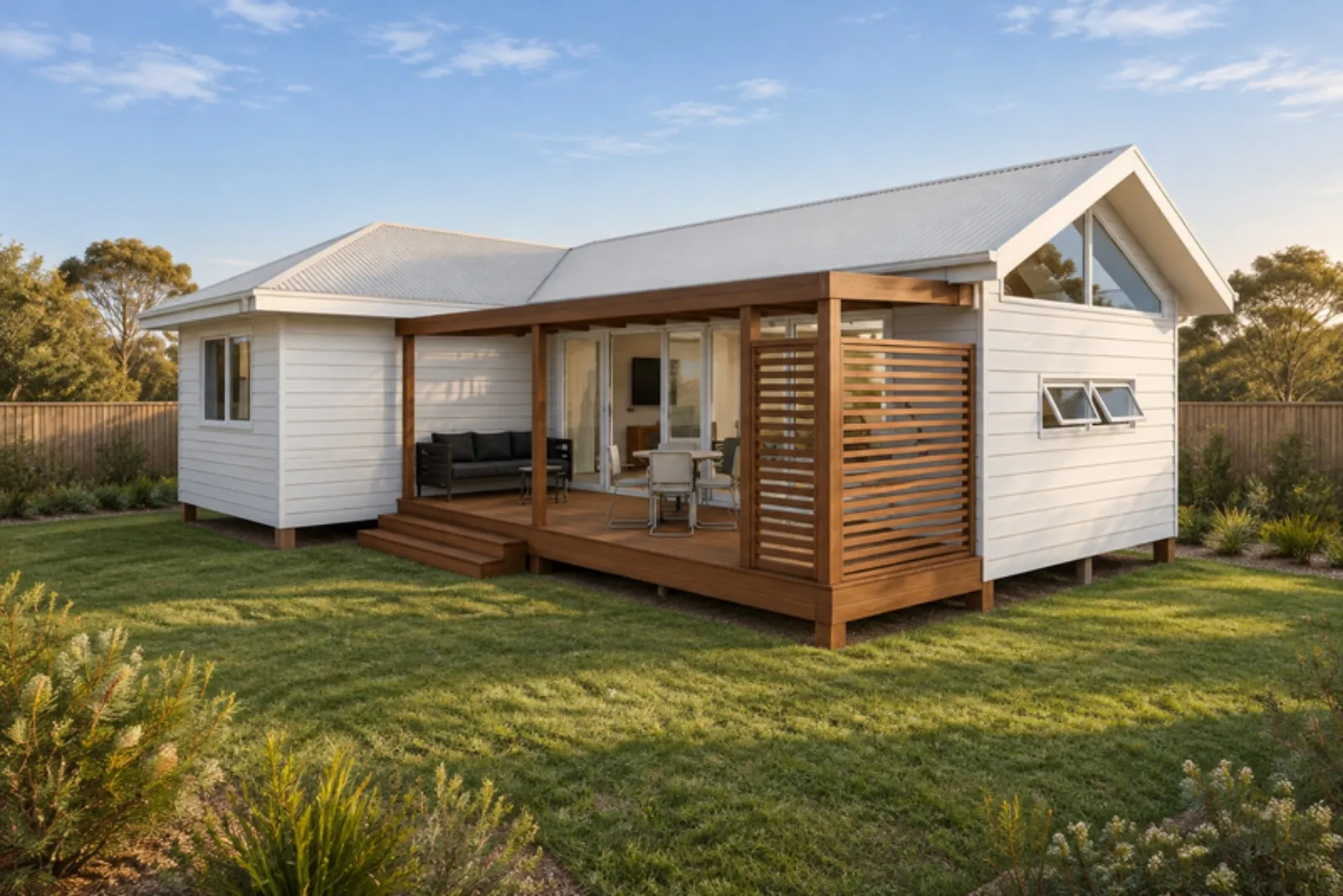 The Flo granny flat — one-bedroom suite with a raked-ceiling living pavilion