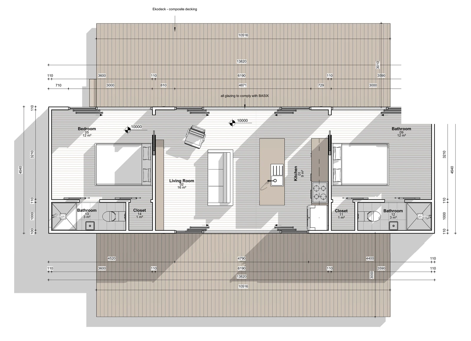 The Ginny floor plan — 2 bed · 2 baths · 54 m²