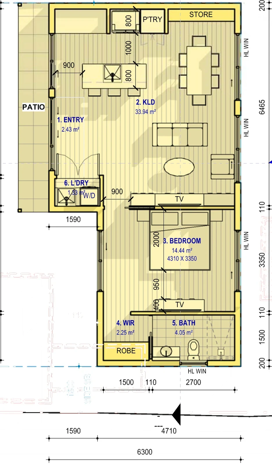 The Joyce floor plan — 1 bed · 1 bath · 58 m²