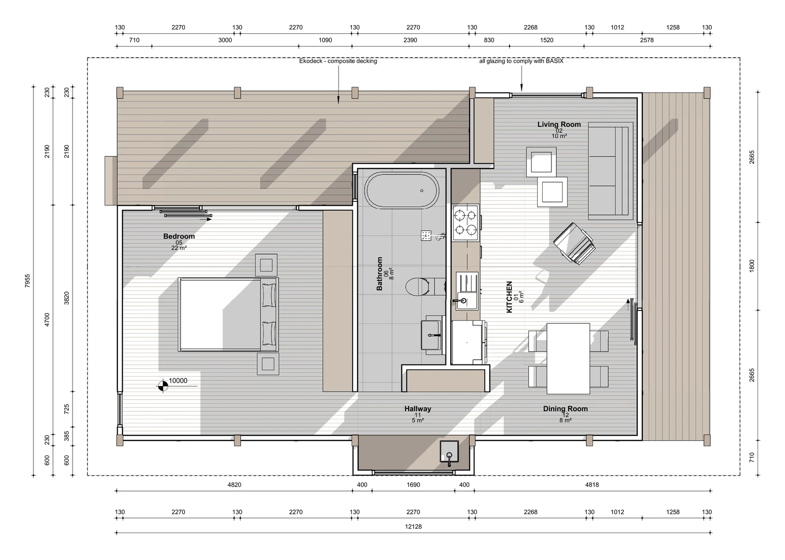 The Karen floor plan — 1 bed · 1 bath · 58 m²