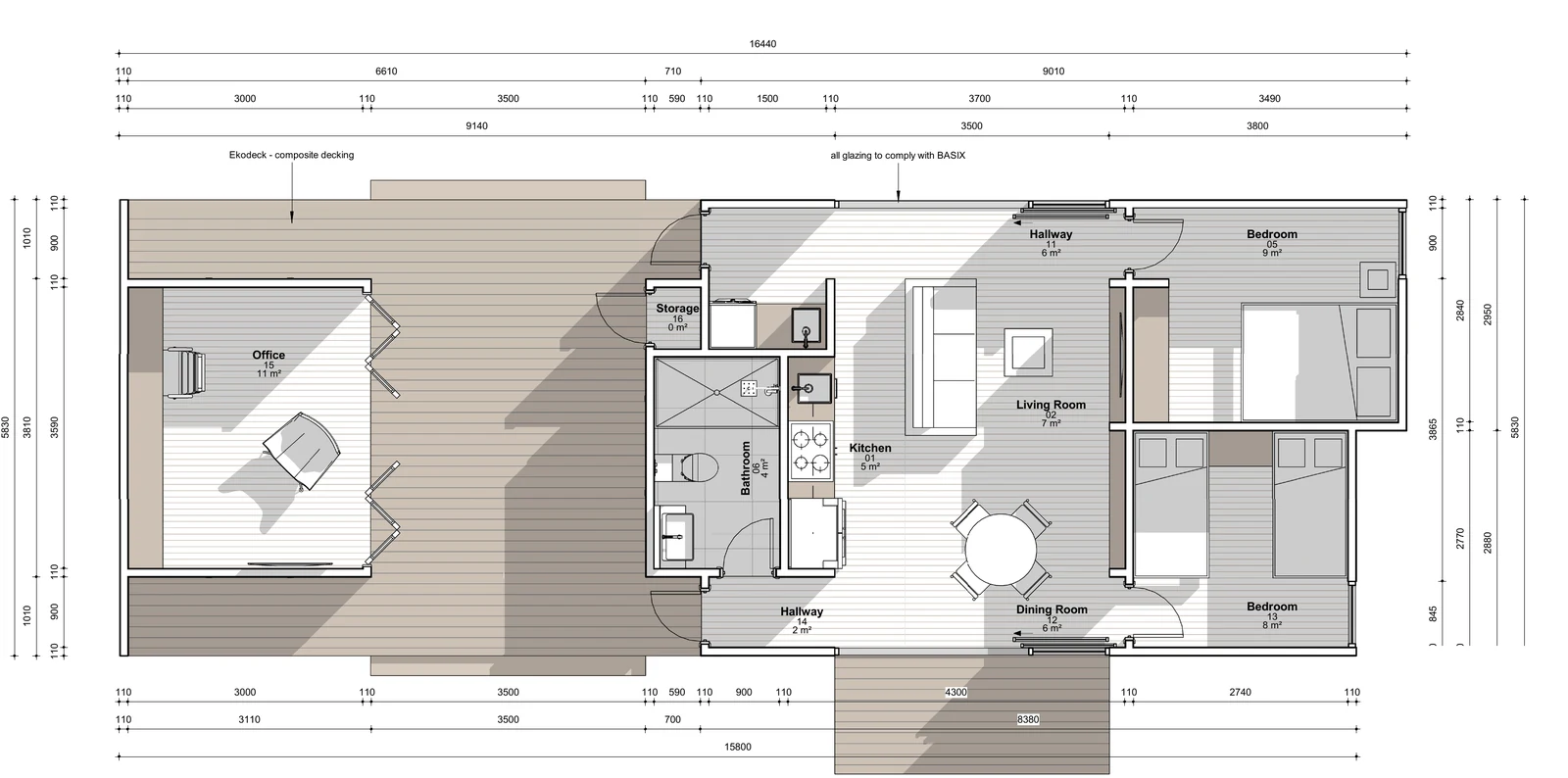 The Lotta floor plan — 2 bed + study · 1 bath · 59 m²
