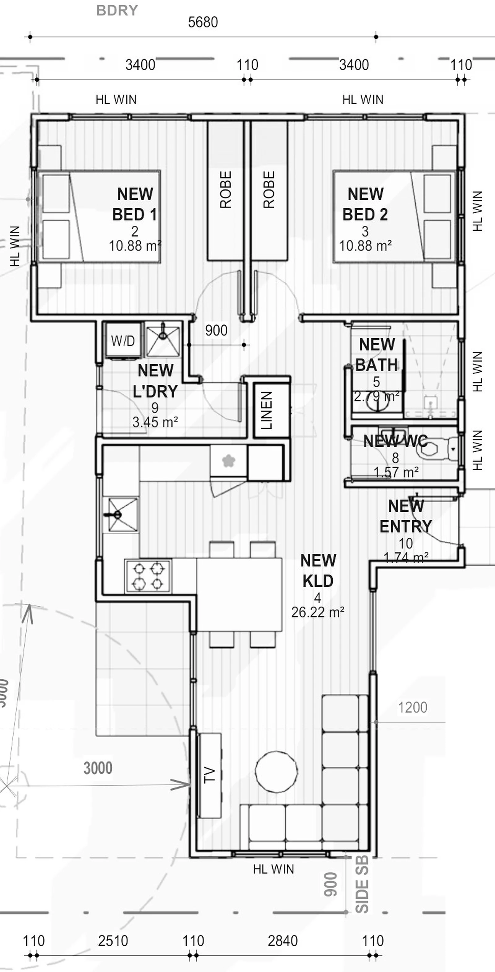 The Nancy floor plan — 2 bed · 1 bath · 60 m²