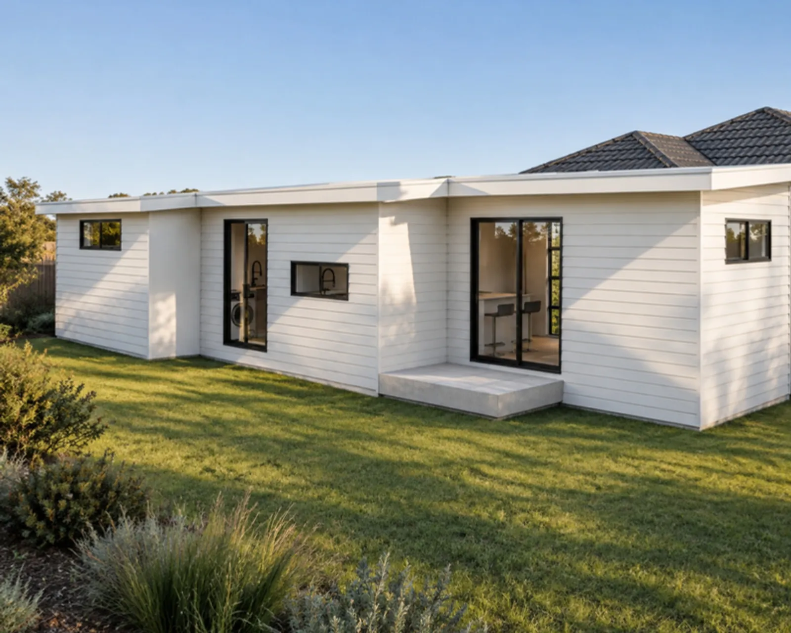 The Nancy granny flat — two equal bedrooms and a long living room, drawn to 60 m²