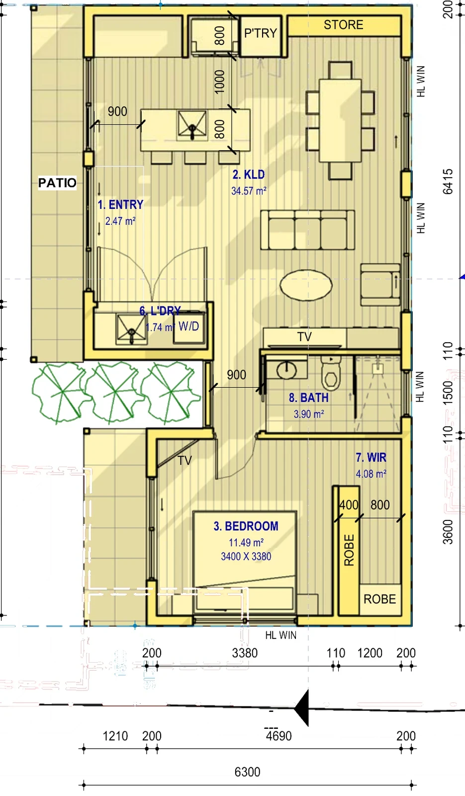 The Vera floor plan — 1 bed · 1 bath · 58 m²