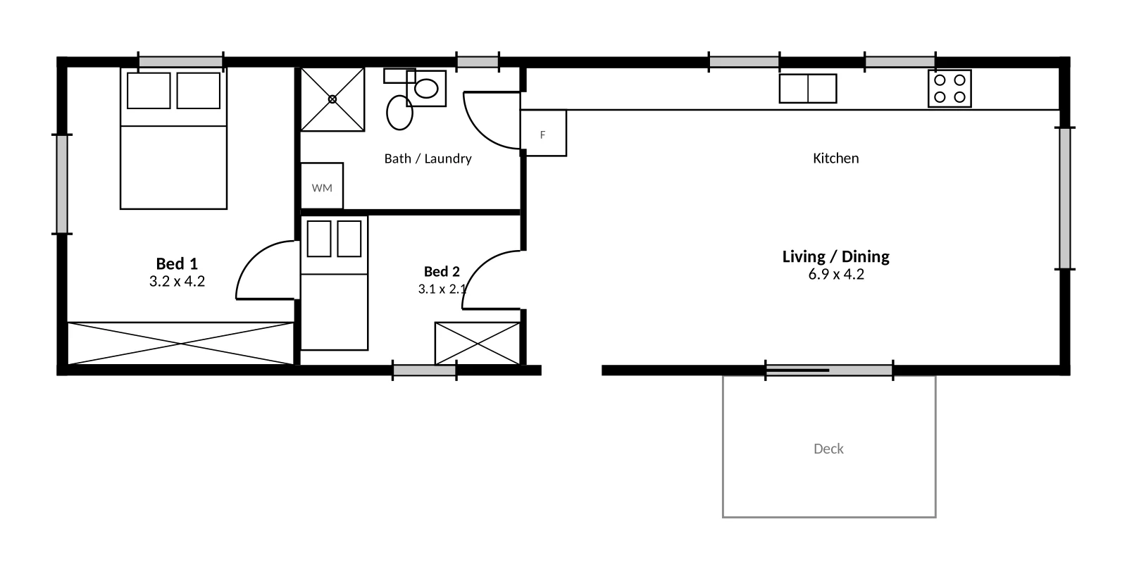 The Beryl floor plan — 2 bed · 1 bath · 59 m²