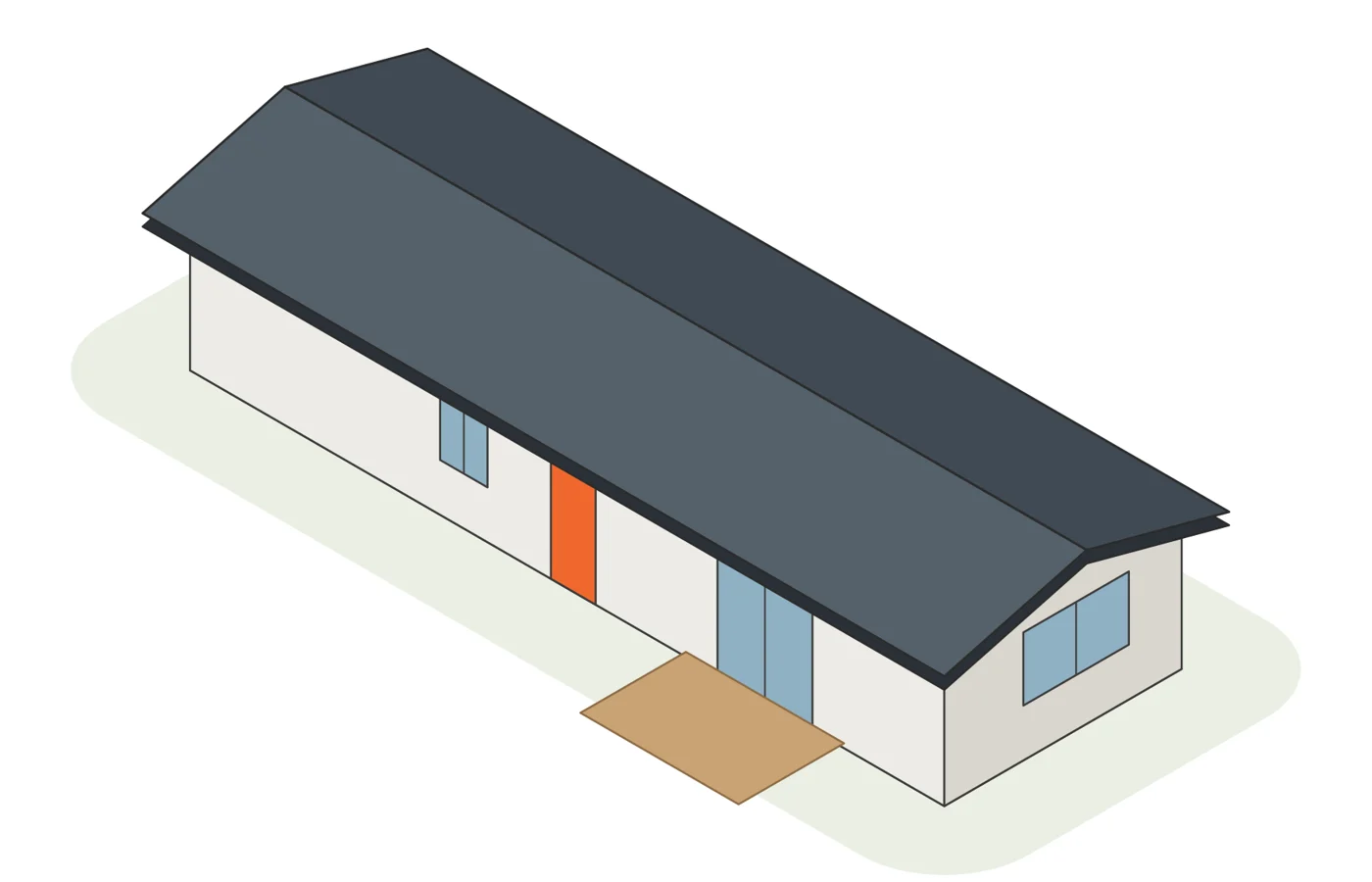 The Beryl granny flat — the side-yard two-bed — 4.5 m wide, 14 m long
