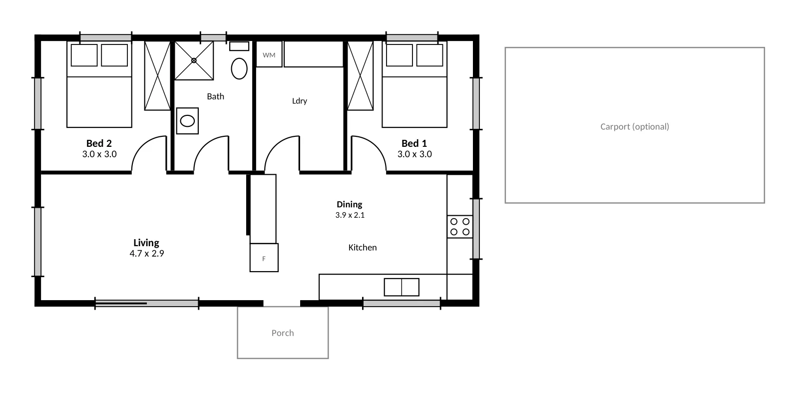 The Dot floor plan — 2 bed · 1 bath · 60 m²