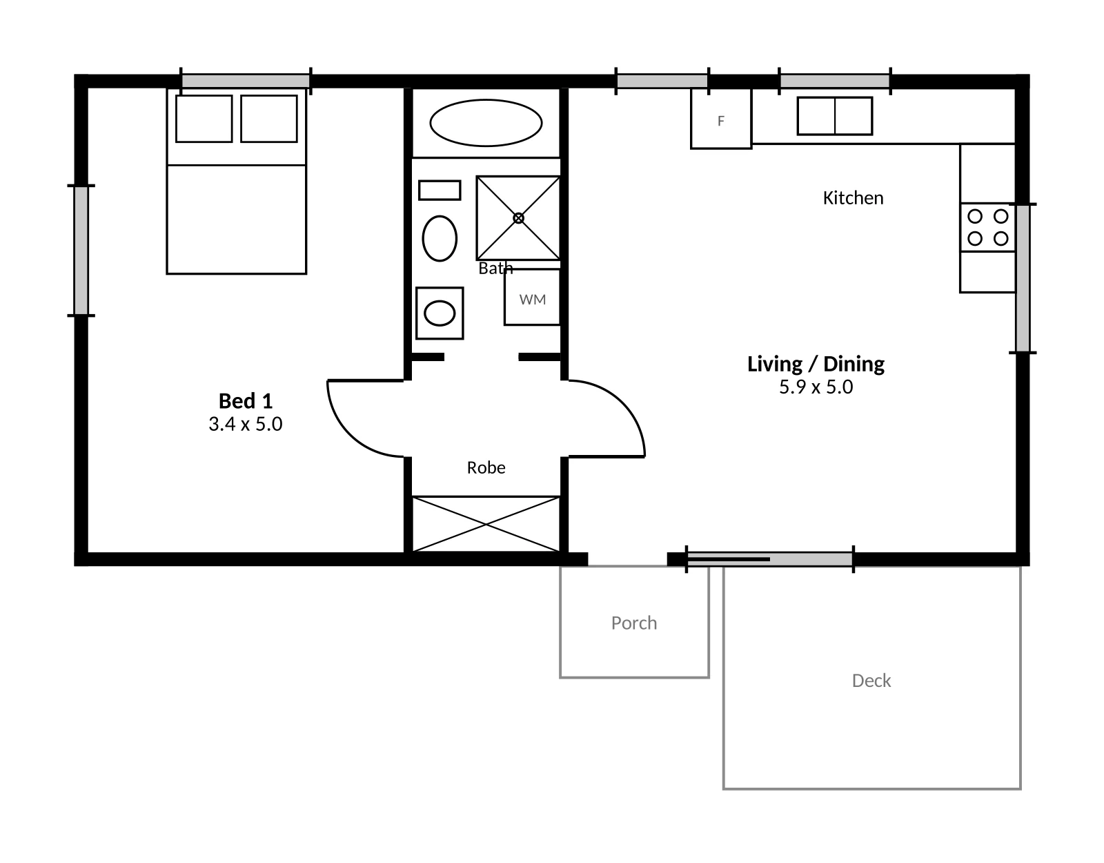 The Edna floor plan — 1 bed · 1 bath · 50 m²