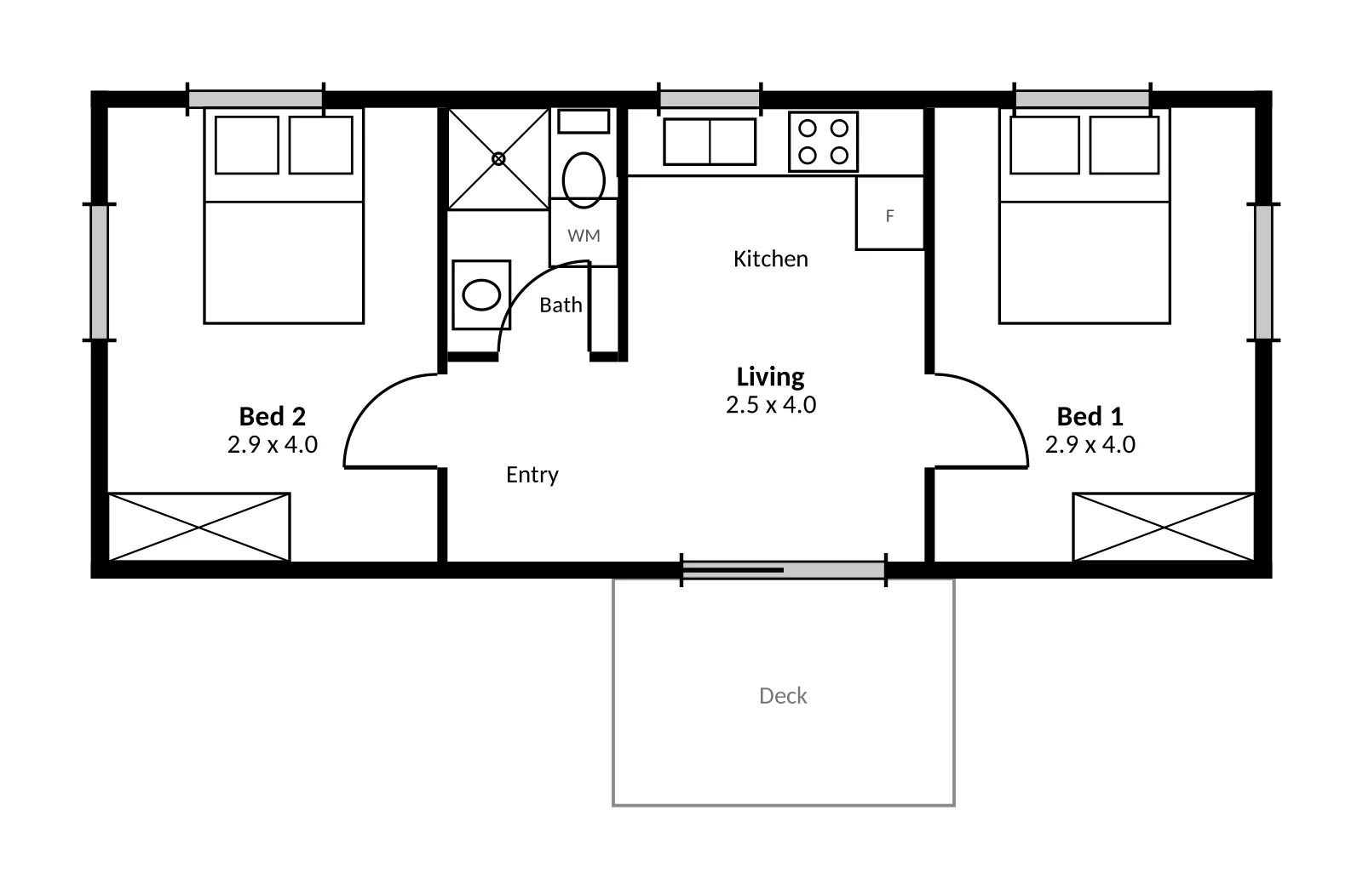 The Mavis floor plan — 2 bed · 1 bath · 40 m²