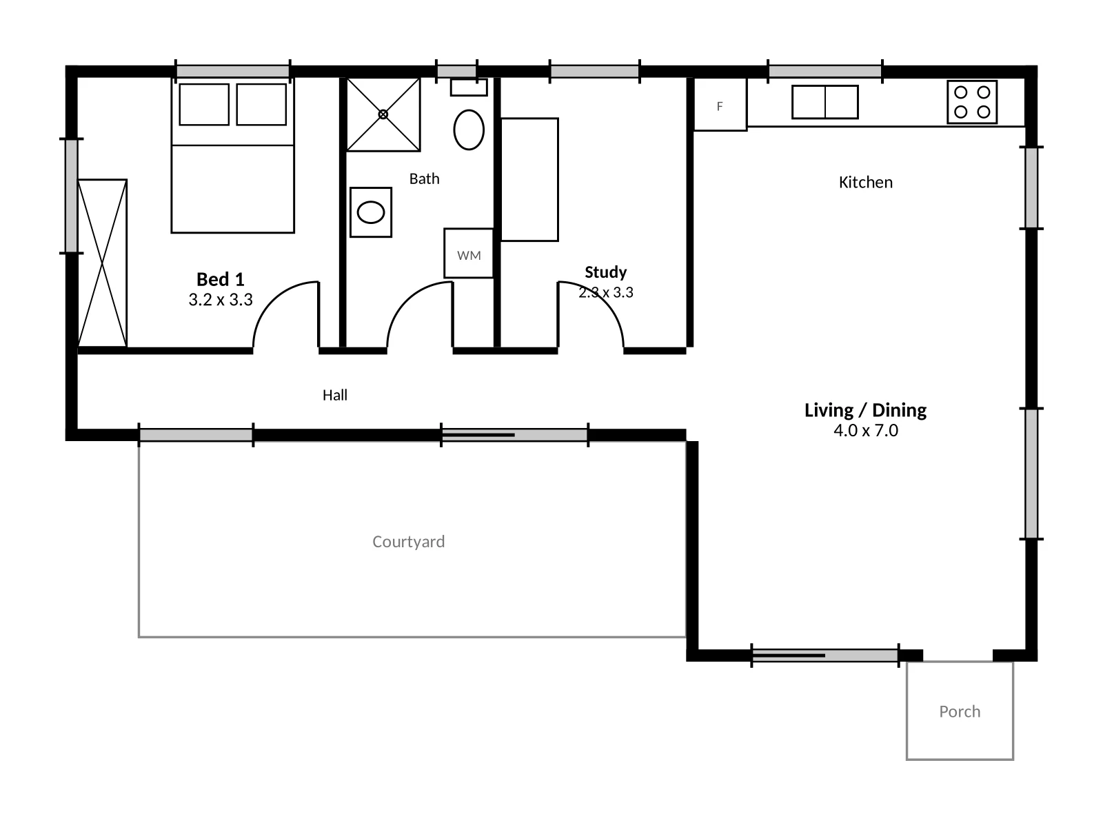 The Norma floor plan — 1 bed + study · 1 bath · 59 m²