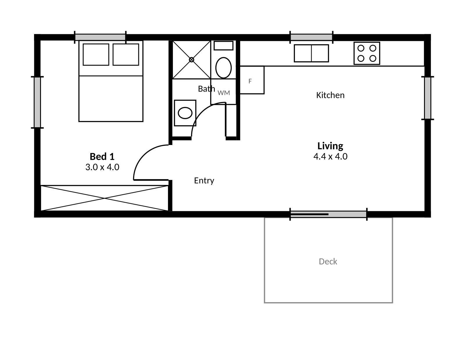 The Thelma floor plan — 1 bed · 1 bath · 36 m²