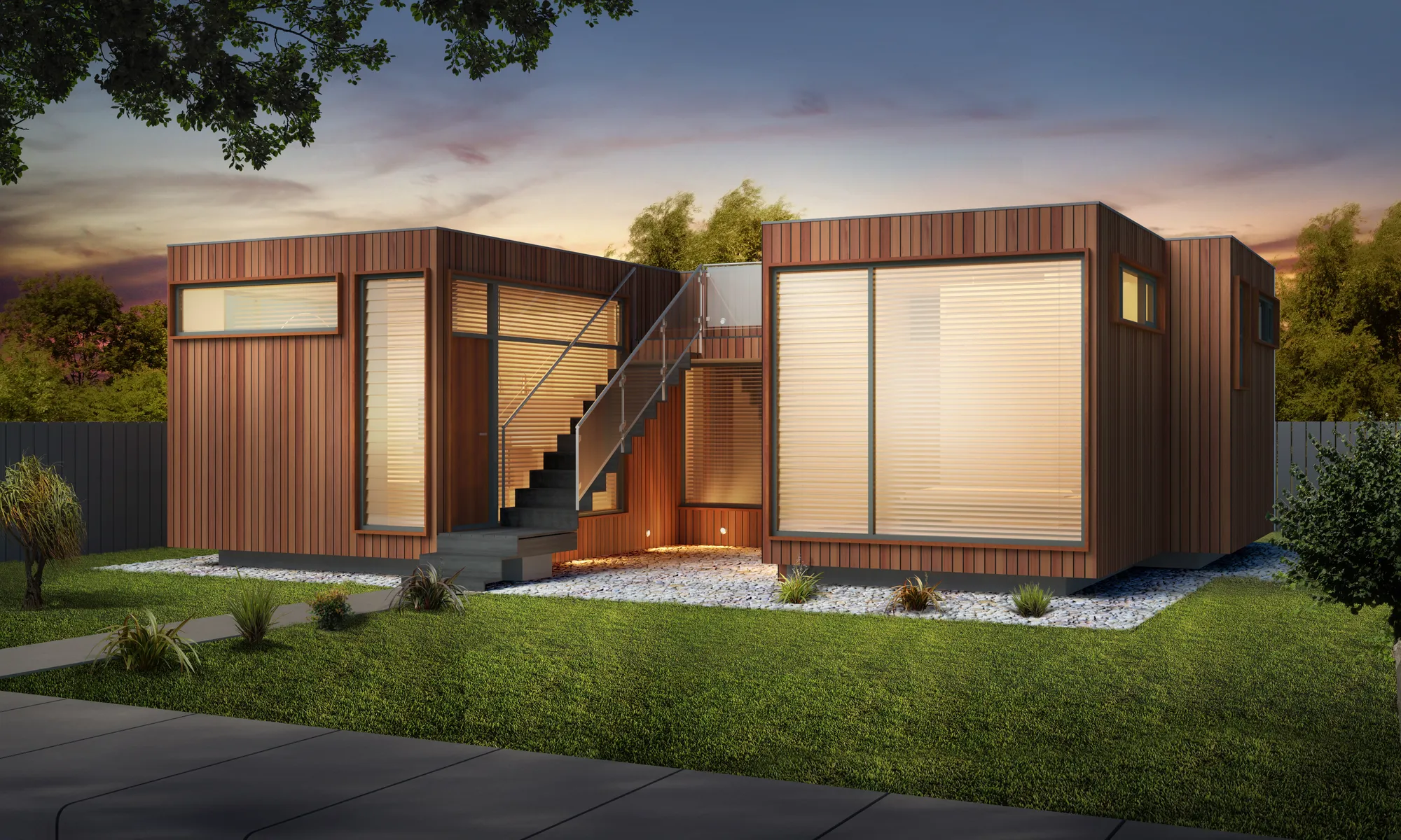 The Ethel — a two-pavilion timber granny flat at dusk